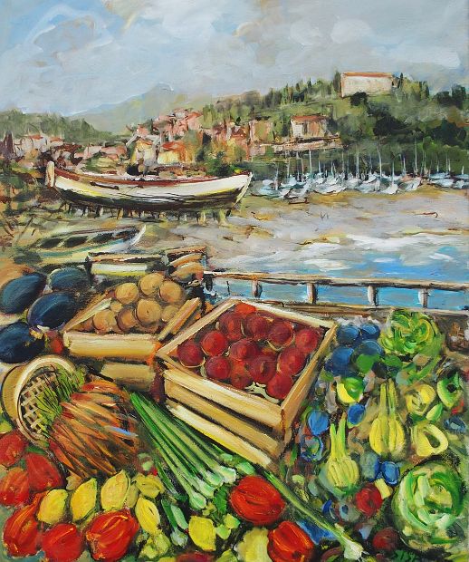 MARKTSTAND - SESTRI LEVANTE, Acryl auf Jute, 130 x 110 cm
